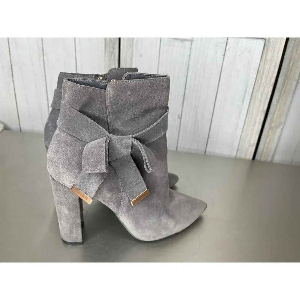 Ted Baker Ankle Boots Bow Accent Women Booties Leather Suede Gray Size 37 US 6